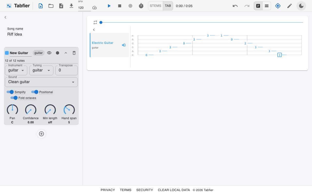 Tabfier's editor, showing a transcribed guitar riff as an editable tab staff, with instrument settings for fold octaves, positional fret assignment, and hand span